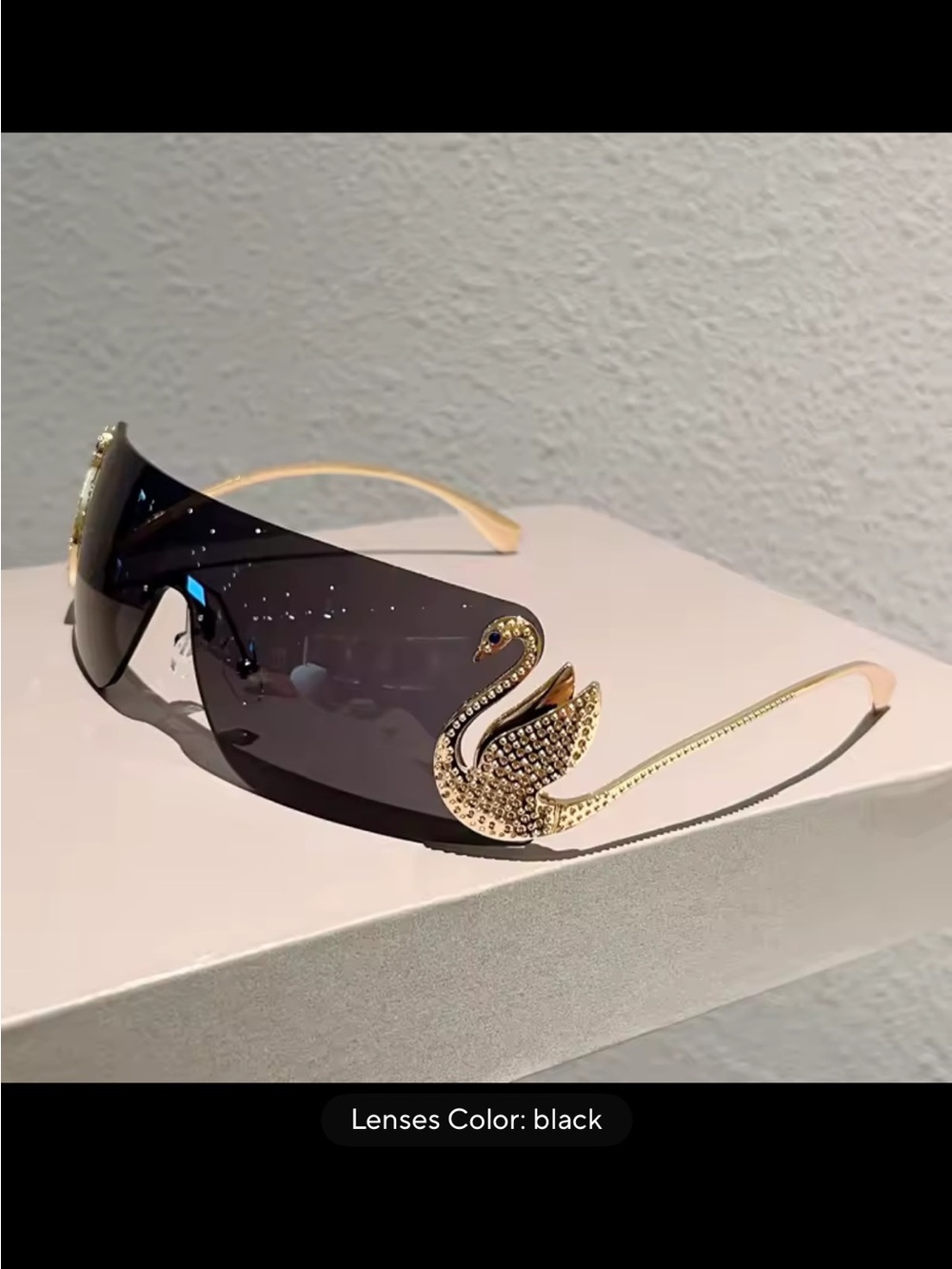 Black Shield Sunglasses with Gold Swan Accent - Women Accessories